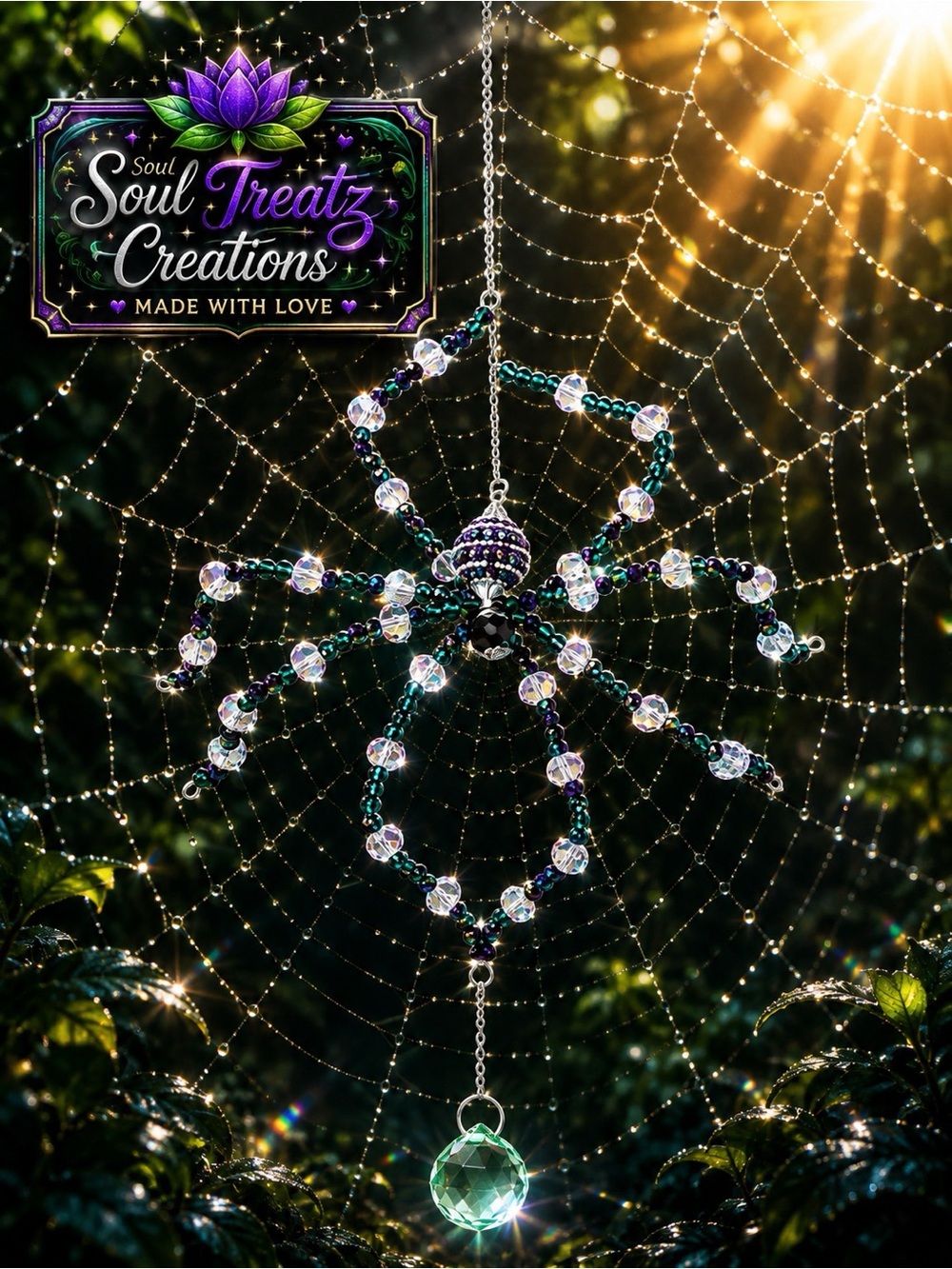 Purple & Green Beaded Crystal Spider Sun Catcher